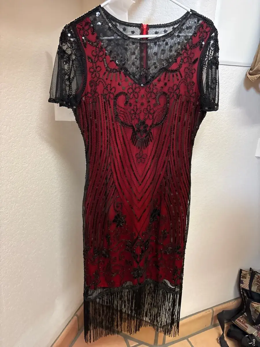 Red & Black Flapper Dress With Accessories - Size L, Sweetv, Beaded, Sequin, Fringe 