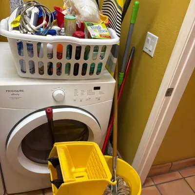 Cleaning Supplies - Mop Bucket, Laundry Basket, Ironing Board, Iron, Brooms - Dryer Not Included