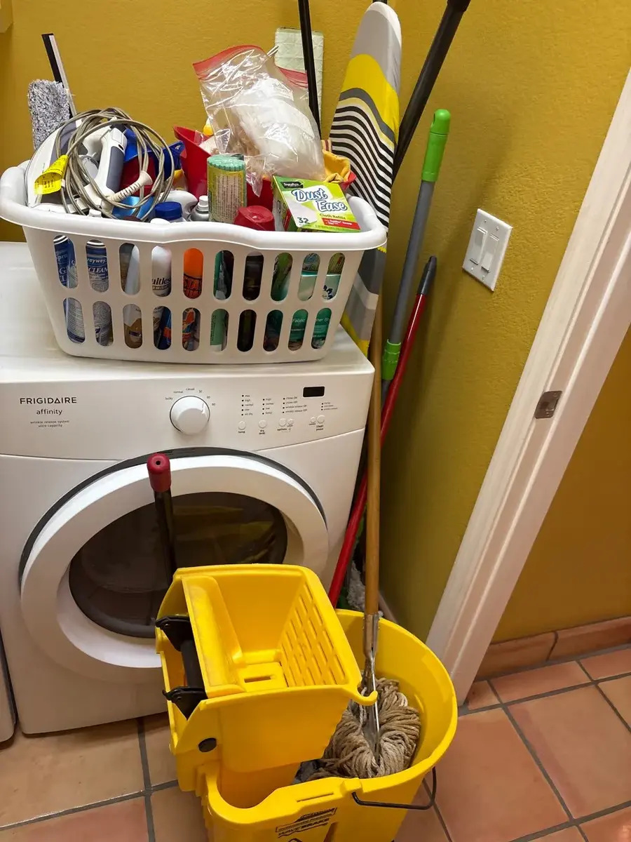 Cleaning Supplies - Mop Bucket, Laundry Basket, Ironing Board, Iron, Brooms - Dryer Not Included