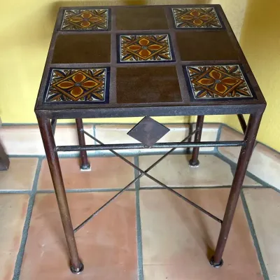 Vintage Spanish Revival Wrought Iron Side Table - Talavera Tile Top Plant Stand, Accent