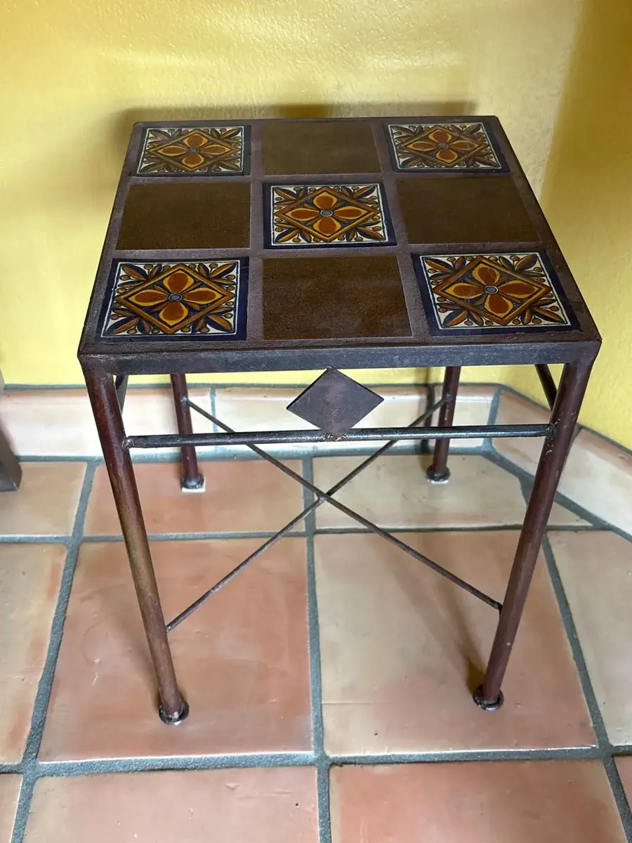 Vintage Spanish Revival Wrought Iron Side Table - Talavera Tile Top Plant Stand, Accent