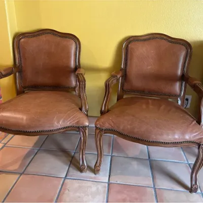 Pair of Vintage French Provincial Leather Armchairs - Brown, Nailhead Trim, Chairs