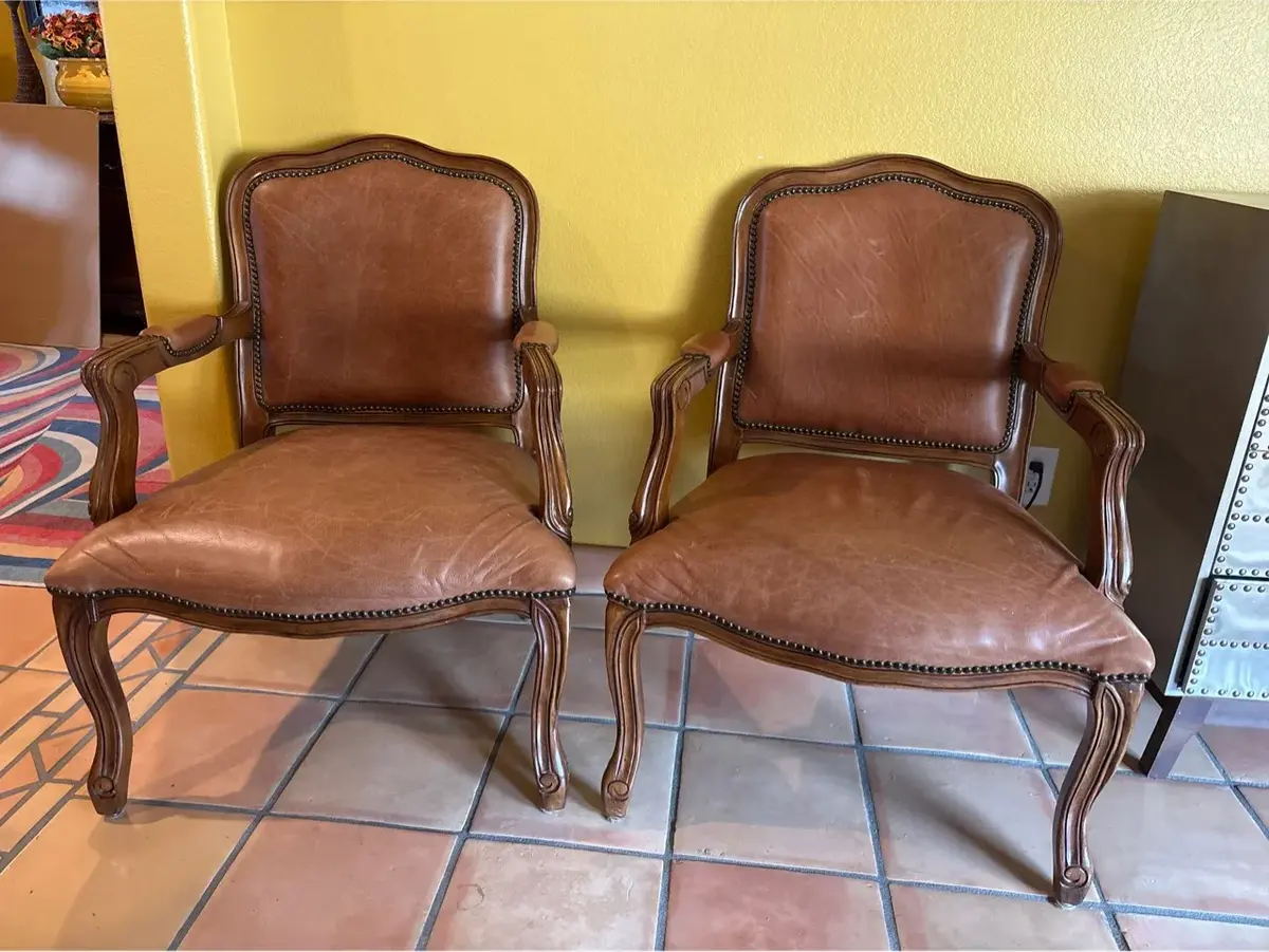 Pair of Vintage French Provincial Leather Armchairs - Brown, Nailhead Trim, Chairs