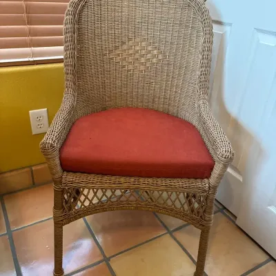Vintage Woven Wicker Chair with Cushion - Coastal Boho Accent