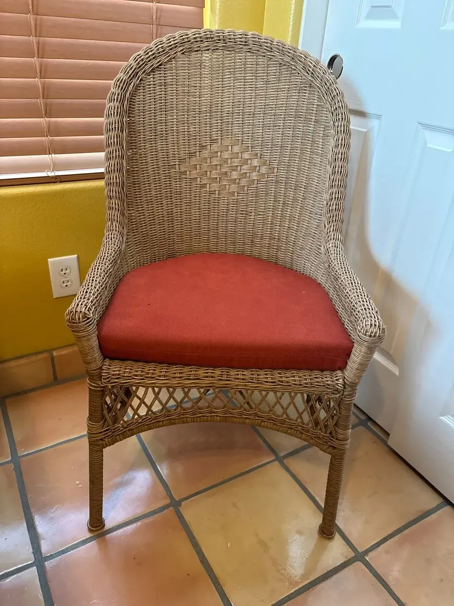 Vintage Woven Wicker Chair with Cushion - Coastal Boho Accent
