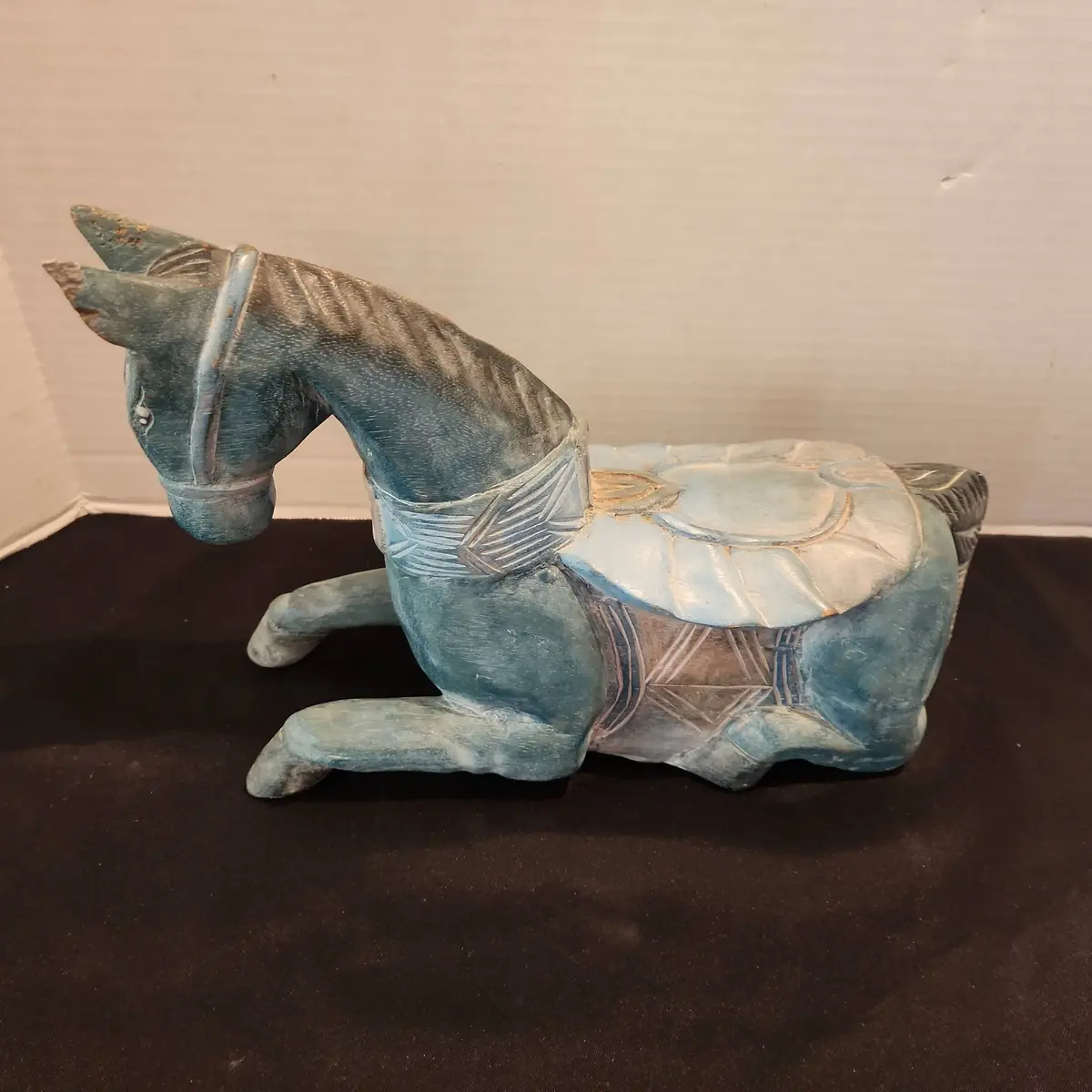 Resin Kneeling Horse Figure, Blue Green Finish, Home Decor