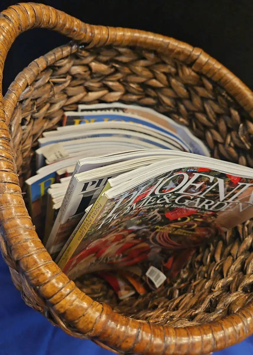 Handwoven Antique Brown Basket With Handles And Several Phoenix Home Garden Magazines