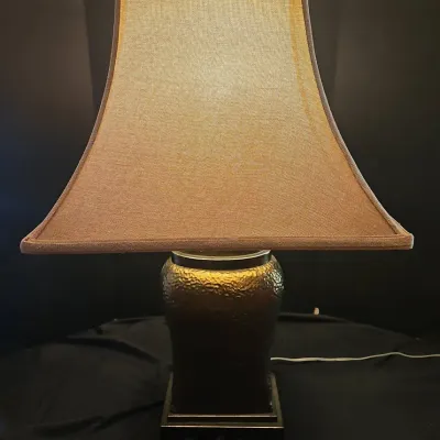 Vintage Bronze Pewter Hammered Metal Table Lamp With Shade