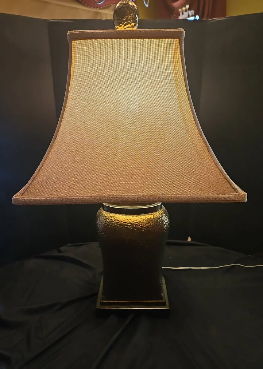 Vintage Bronze Pewter Hammered Metal Table Lamp With Shade