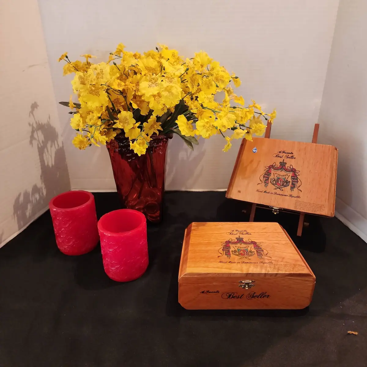 2 A. Fuerte Cigar Boxes & Decor - Red Glass Vase, Yellow Faux Flowers, 2 Red Battery Candles