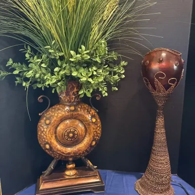 Tuscan Mediterranean Home Decor - Urn Vase with Greenery & Gourd Lamp