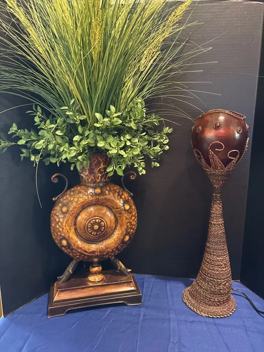 Tuscan Mediterranean Home Decor - Urn Vase with Greenery & Gourd Lamp
