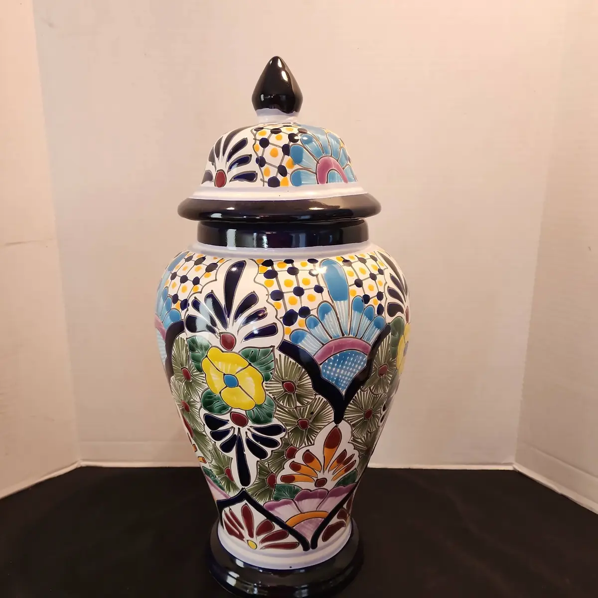 Colorful Handcrafted Large Mexican Talevera Jar, Made In Mexico, 20" Tall, Lidded