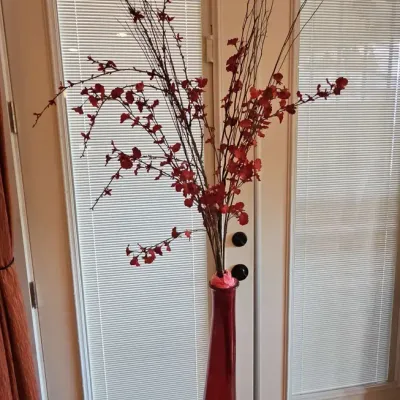 Beautiful Antique Tall Red Glass Floor Vase With Faux Plum Blossoms