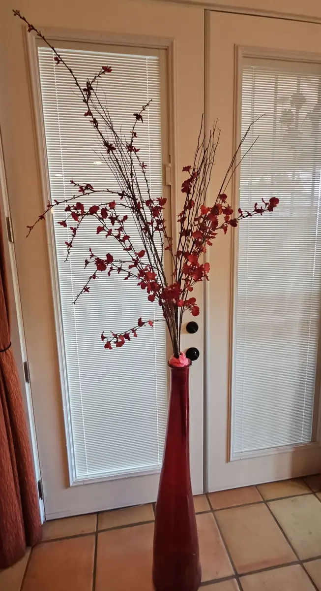Beautiful Antique Tall Red Glass Floor Vase With Faux Plum Blossoms