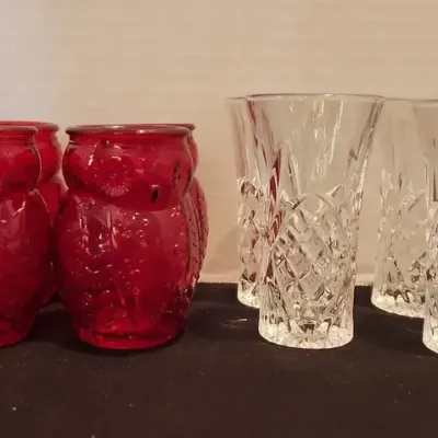 6 Red Night Owl Glass Shooters & 6 Vodka Glasses, Home Essentials, Shannon Crystal 