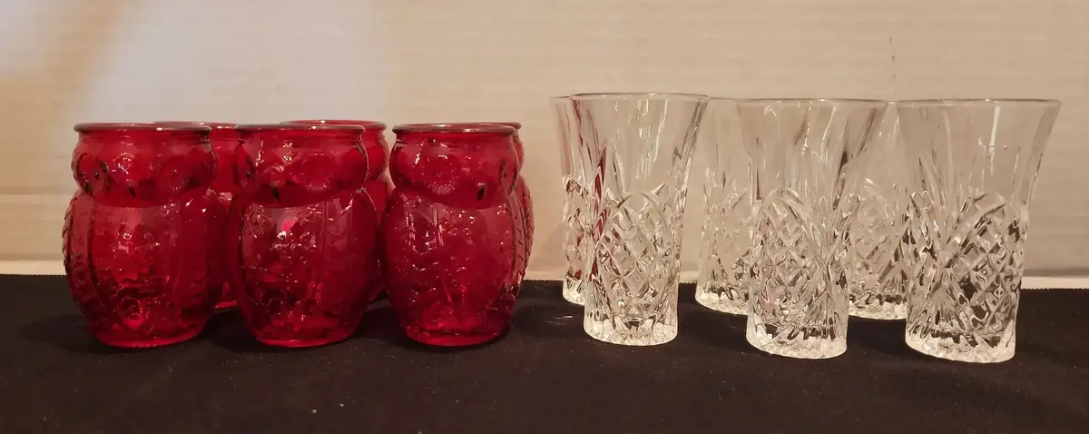 6 Red Night Owl Glass Shooters & 6 Vodka Glasses, Home Essentials, Shannon Crystal 