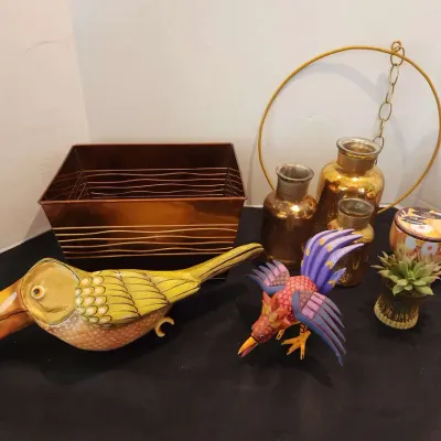 Pretty Birds & Home Decor - Mexican Parrot & Rooster, 3 Gold Mercury Glass Vases  Candle, Basket 