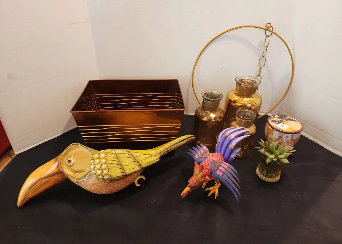 Pretty Birds & Home Decor - Mexican Parrot & Rooster, 3 Gold Mercury Glass Vases  Candle, Basket 