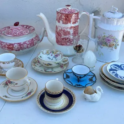 English & French Porcelain Tea Set Lot Transferware Teapots Floral Teacups Saucers
