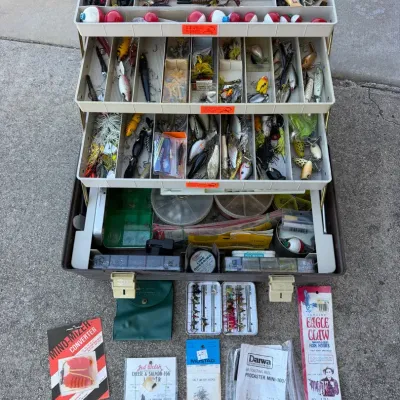Large 3-Tray Tackle Box Loaded w/ Lures, Hard Baits, Flies & Vintage Supplies