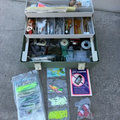 Green 3-Tray Tackle Box Loaded w/ Crappie Rigs, Lead Sinkers, Line & Soft Baits Lot