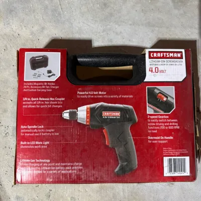 Craftsman 4.0 Volt Lithium-Ion Screwdriver kit in its original retail packaging, showing the tool features and carrying case.
