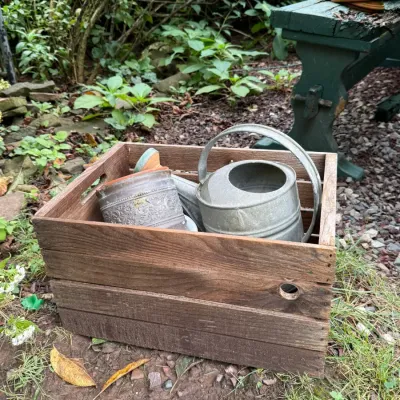 Rustic wooden crate containing a vintage galvanized metal watering can and a decorative ceramic planter.