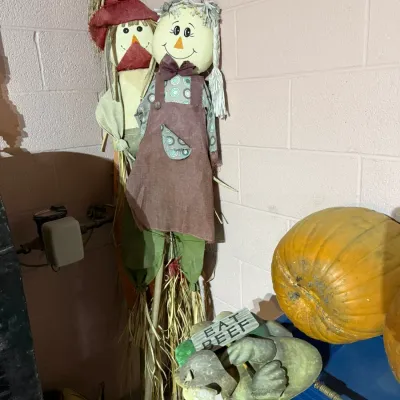 Two decorative fabric scarecrow figures on wooden stakes, shown alongside a faux pumpkin and a small "Eat Beef" cow figurine.