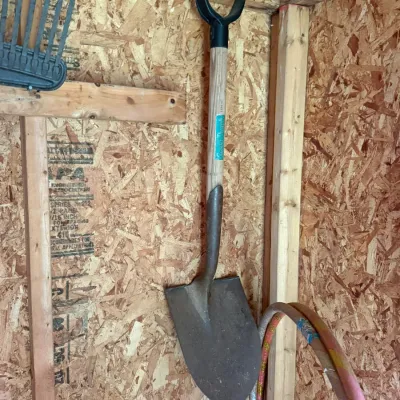 D-handle spade shovel with a wooden shaft and a black plastic grip, hanging on a wooden shed wall.