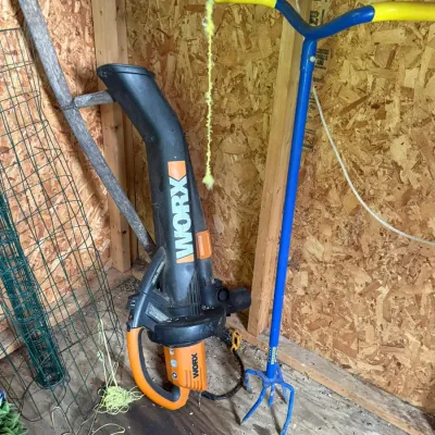 Worx electric leaf blower and a blue manual garden cultivator tool, stored in a wooden shed.