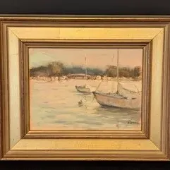 
Todd Voss Impressionist oil painting depicting sailboats in a harbor, signed by the artist in the lower right and housed in a gilded...