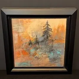 Framed Encaustic Ceramic Tile - Judith Bergerson Moonrise 7 depicting a stylized forest landscape with a large moon, rendered in warm...
