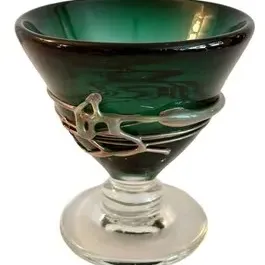 Vintage Art Glass Pedestal Candy Dish - Robert Dunn 2013. 
Art Nouveau style green glass goblet featuring an organic, flowing metal...