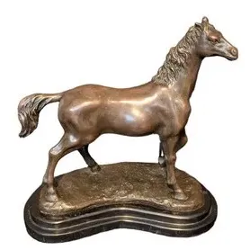 Bronze horse sculpture on a tiered black marble base, depicting a standing horse with a textured mane and tail.