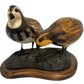 Vintage Quail Decor by C. Swinehart for Original Wooden Bird Factory. Hand-carved and painted wooden quail figurine depicting a pair of...