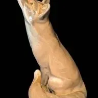 Vintage Royal Copenhagen glazed ceramic figurine of a sitting fox looking upward, featuring a glossy light brown finish.
