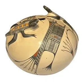 Mata Ortiz polychrome pottery seed pot featuring two sculpted lizards crawling across the top, adorned with intricate geometric and...