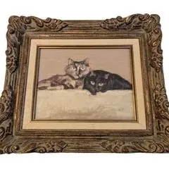 Pastel Painting - Andrea Altman on the Top Step Cats. 

Framed painting depicting a fluffy tortoiseshell cat and a black cat resting...