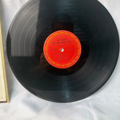 Sale Photo Thumbnail #46: Ray Price "For the Good Times" vinyl record album (Columbia, C 30106). Includes the original gatefold jacket and 12-inch vinyl LP. The jacket shows some shelf wear, edge wear, and light discoloration consistent with age. The vinyl disc shows some light su