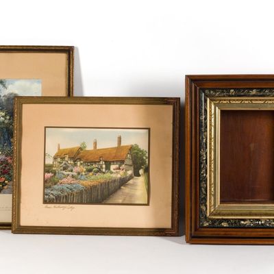 2 Antique Color Prints & Victorian Shadowbox