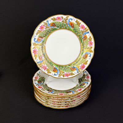 Set of 8 Rouen Hand Painted Peacock Plates