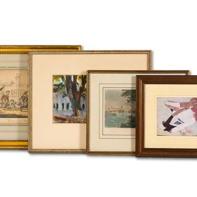 4 Framed Art Incl. Watercolors and French Lithograph