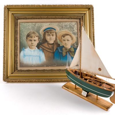 Framed Antique Portrait In Gilded Frame & Whale Boat Model