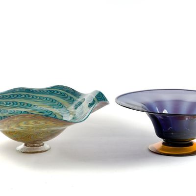 2 Signed Art Glass Centerpiece Bowls