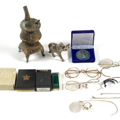 Antique Glasses & 4 Vintage Lighters Incl. Zippo