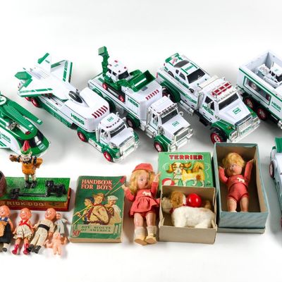 6 Hess Trucks, Dolls & Cast Iron Bank