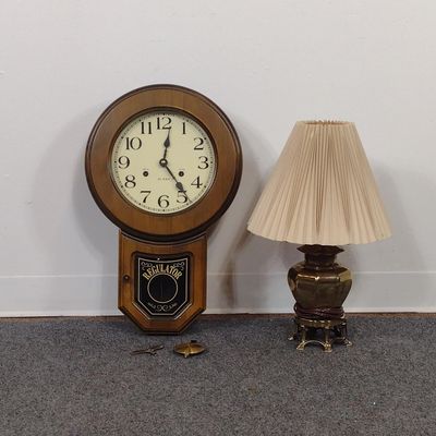 Regulator Wall Clock & Brass Table Lamp