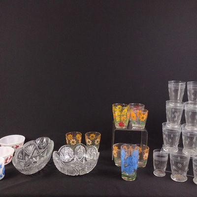 Milk Glass Advertising Pieces, Glass Tumblers & Cut Glass Bowls