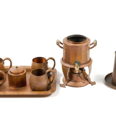 Partial Antique Hammered Copper Tea Warmer Set & 4 Copper Cups